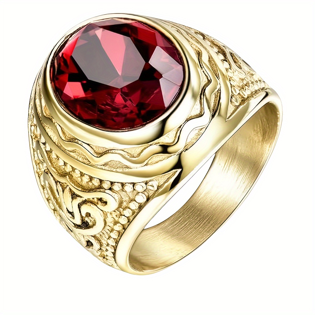 

Vintage Style Men's Pattern Ring - Alloy Band With Glass Gemstone, No - Unisex Fashion Jewelry