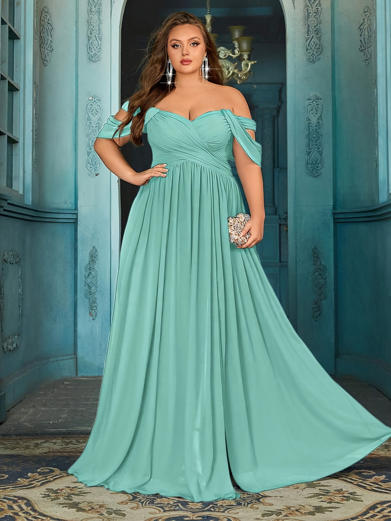 elegant plus size teal maxi dress women shoulder cross front