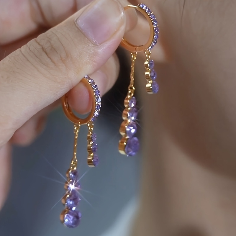 TEMU A Pair Of Elegant Light Luxury Purple Sparkling Synthetic Zirconia Ring-shaped Double-row Tassel Copper Earrings, Suitable For Women's Date Party Decorative Additions