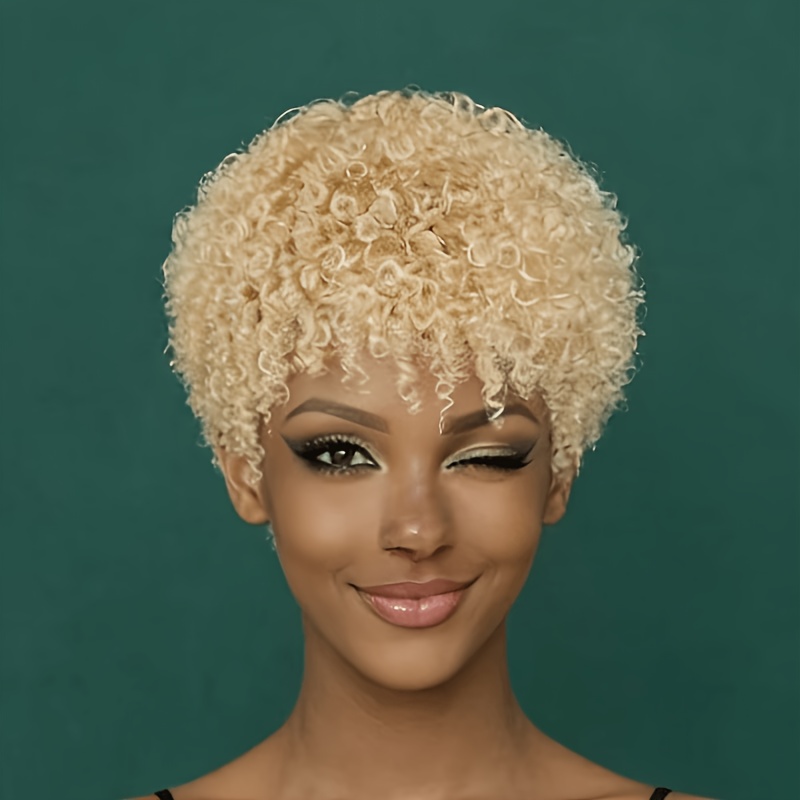 TEMU Une perruque courte et , blonde avec des boucles crépus, offrant 27 couleurs et une de 180 %. Cette perruque en cheveux humains brésiliens