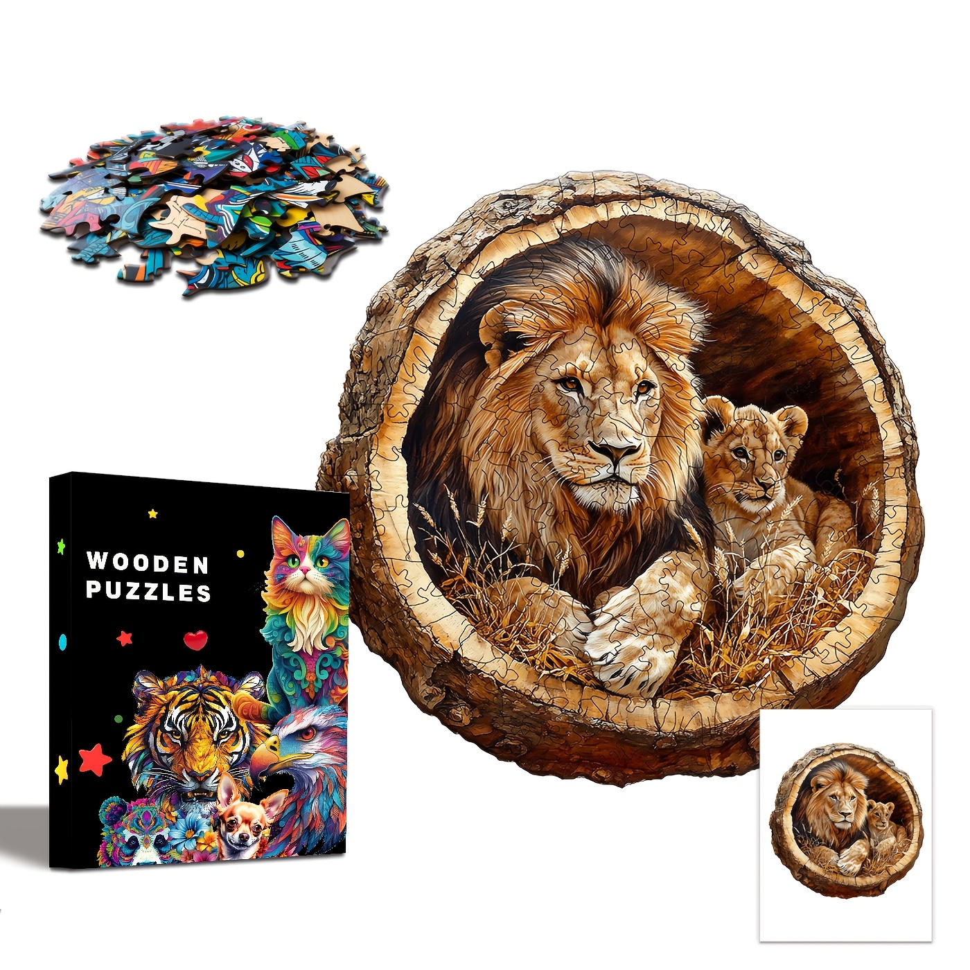 

Lion And Cub Wooden Puzzle, Unique Irregular Animal Shaped Jigsaw, Plywood Material, Challenging , With Decorative Art Painting, For Adults, Suitable For 14+, In Elegant Gift Box