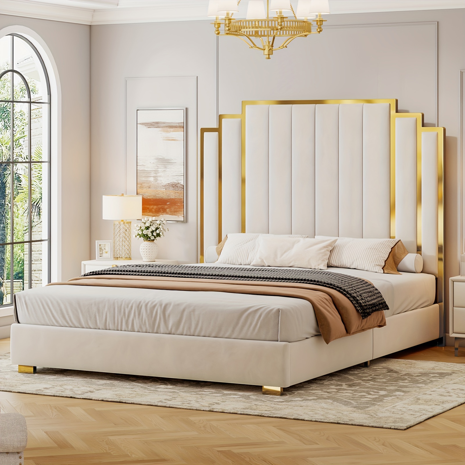 TEMU Bed Frame With Extra Tall Headboard - Velvet Upholstery & Golden Plating Trim, /mdf Frame Platform Bed Suitable For Bed Sizes (/queen), Spring