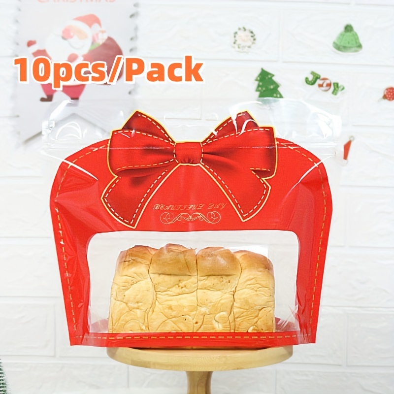 10pcs, Transparent Bread Toast Bags With Red Bow Pattern, Portable Self-adhesive For Packaging Bags, Toast Bread Wrapping Bags For Packaging Biscuits, Bread, Gifts, Toast, Candy