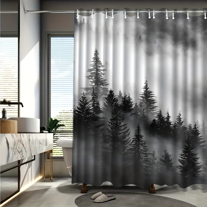 TEMU 2d Flat, Jit1pcs Forest Pattern Shower Curtain With Hook, Washable Shower Curtain, Bathroom Partition, Bathroom Accessories, Curtains Home Decor