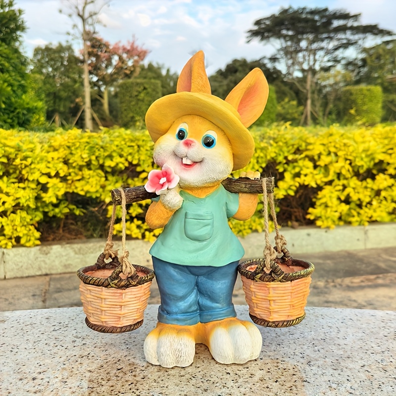 Garden Rabbit Figurine With Flower Basket - Rustic Resin Easter Decoration, No-power Needed, Outdoor Or Indoor Display, Rabbit Accessories
