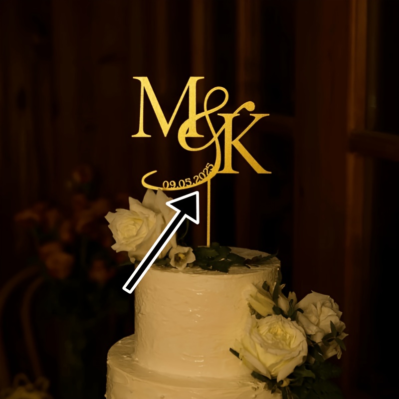 Image of Personalized Mirror Acrylic Cake Topper With Initial And Time, Suitable For Weddings, Valentine's Day, Anniversaries. Your Cake More Attractive, Fun To , And Are Party Decorations