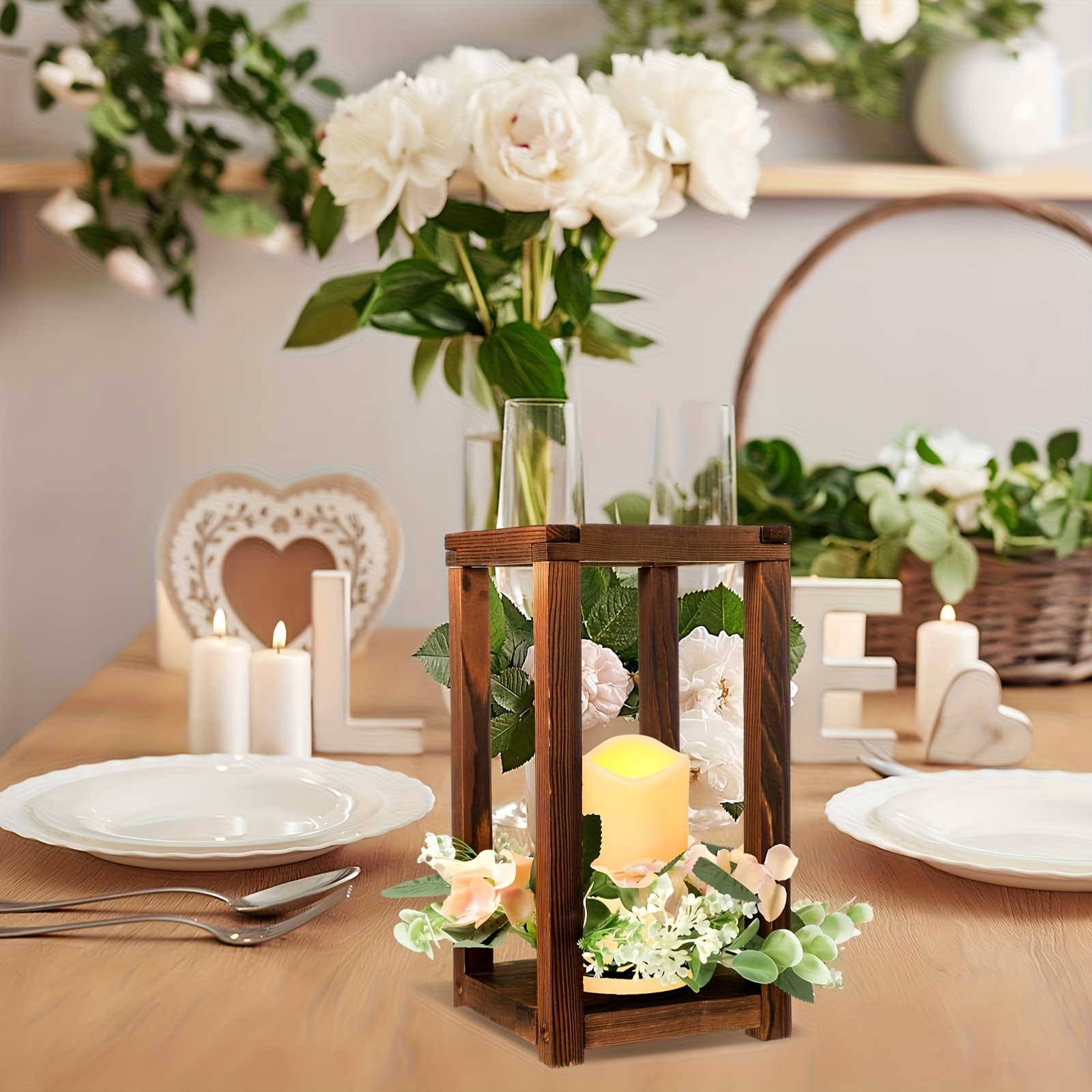 TEMU 2pcs Retro Wooden Candle Holder Lantern Set (includes 1pc Candle Holder And 1pc Wreath), Country Style Candle Lantern Decoration, Suitable For