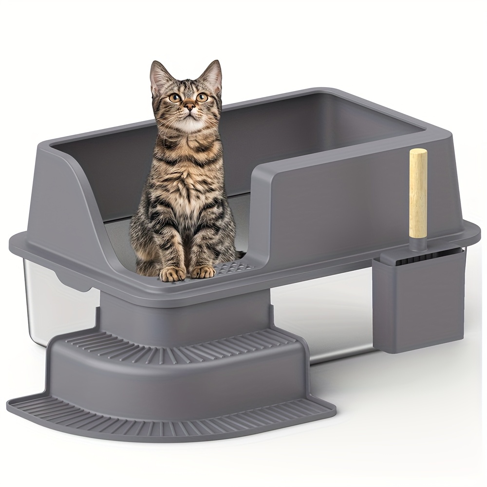 

Stainless Steel Corner Litter Box For Cats, Semi-enclosed With And Stair Treads, Litter Pan, /exit, In Dark And Light Gray