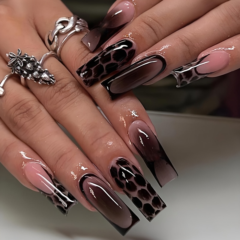 24pcs Long Square Shape Press On Nails Leopard Print Fake Nails Gradient Design False Nails Set Including: 1pc And 1pc Nail File Suitable For Women And Daily Life Carnival Party Use Nail Art Supplies