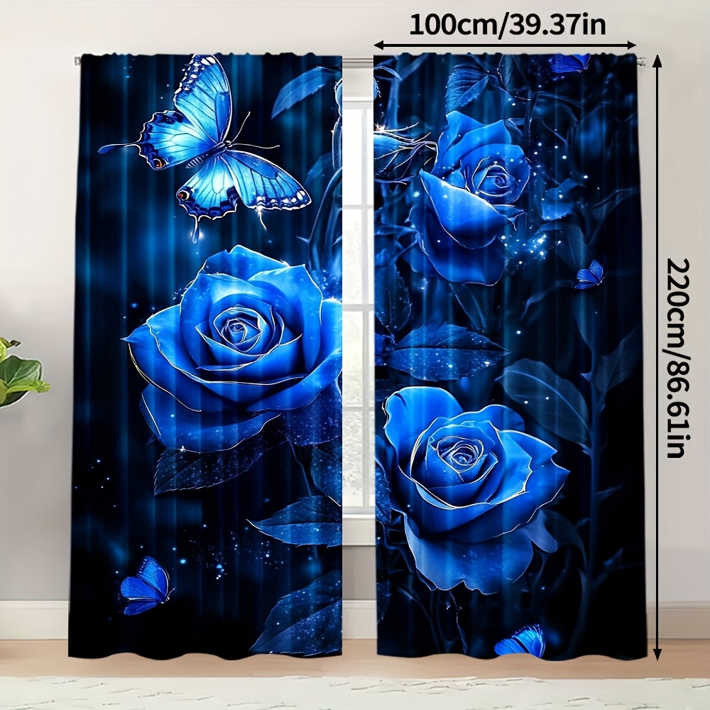 TEMU 2pcs Blue Blackout Curtains - Durable 100% Polyester With Blue Roses & Butterflies , Light Filtering Rod Pocket Curtains For Bedroom, Living