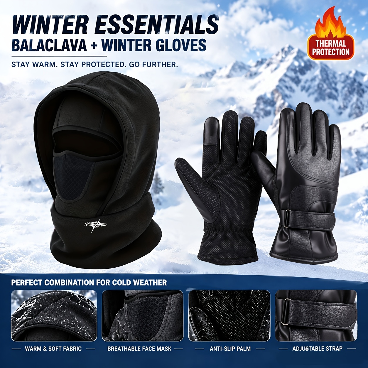 TEMU 2pcs (1pc Balaclava And 1 Pair Warm Gloves) Balaclava Glove Set, Men's Autumn Winter Cold Weather Walking Set, Full Coverage Neck -one Hat Full