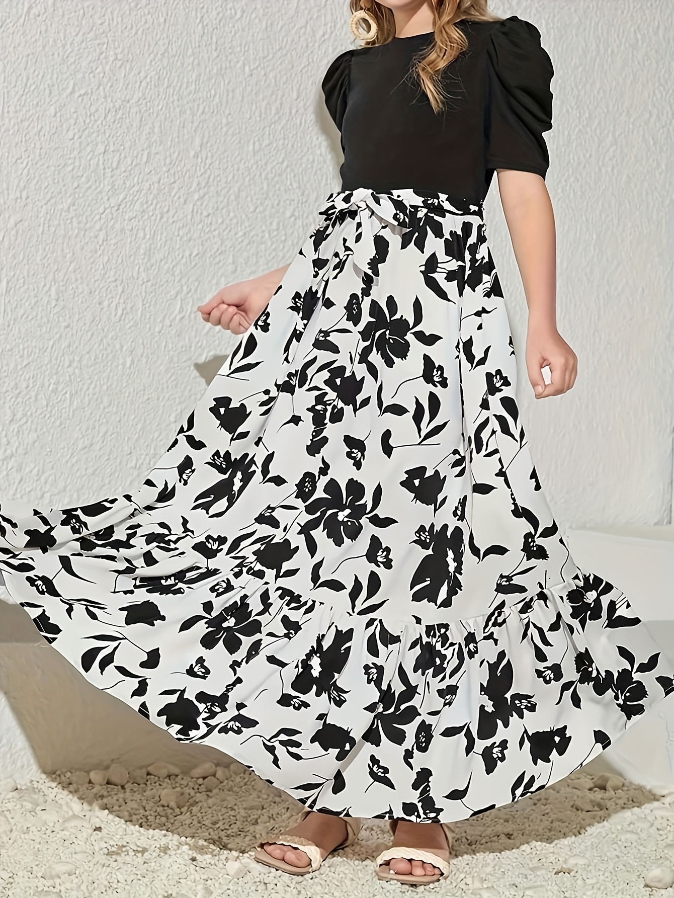 black and beige floral dress Girl Dress with Illusion Neckline Bodice by TIPTOP KIDS main image 1