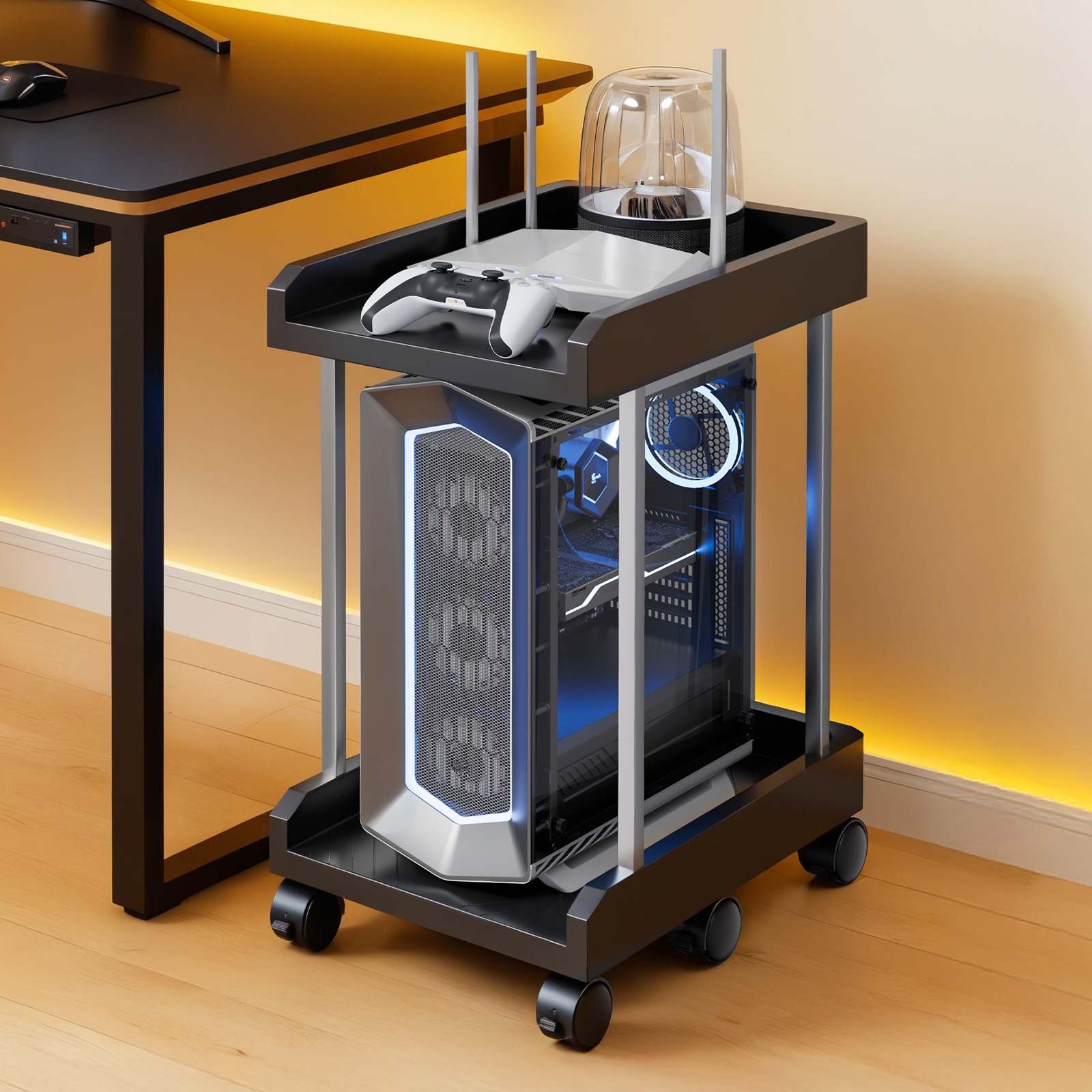 A Double-layer Stand With 6 Universal Locking Wheels, And Long-lasting, Compatible With Devices, Ideal For Different Office Environments, Easy To Put , And Office Space