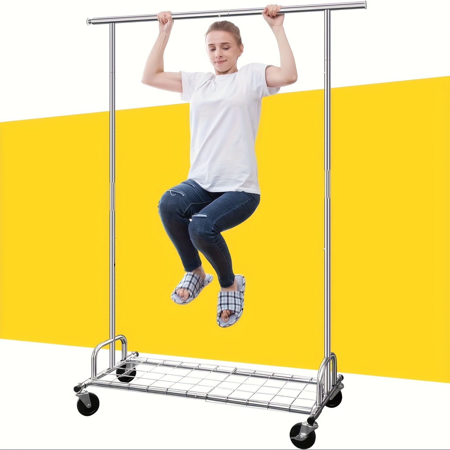 Clothes Rack Heavy Duty Garment Rack On Wheels, Adjustable And Extendable Clothing Rack, Portable Wardrobe Closet Organizer Metal Freestanding Rolling Rack 500 Lbs Capacity, Lockable Wheels, Silvery