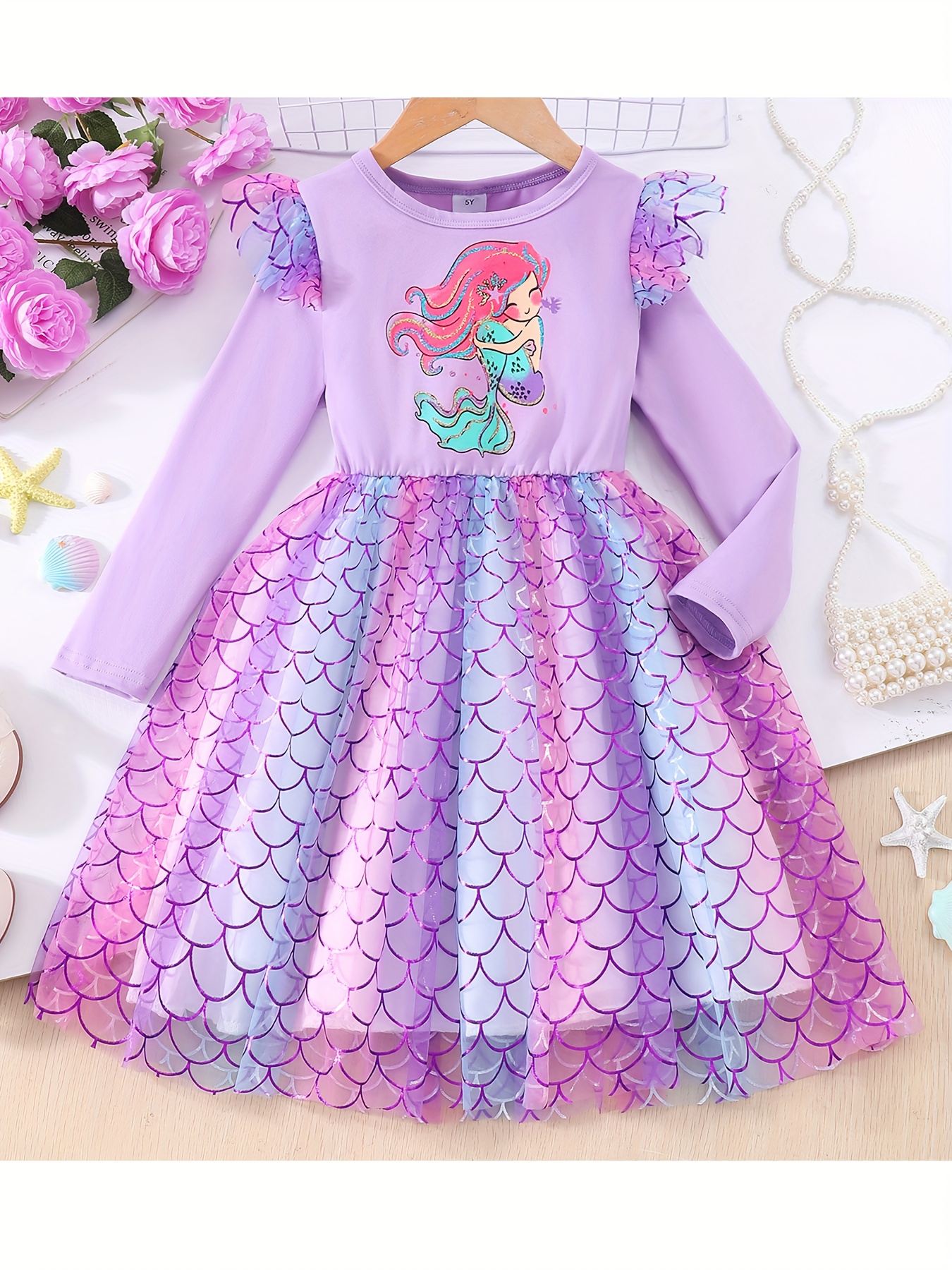 chinese dress ladies Posh Peanut Girl's Disney's The Little Mermaid Magical Mermaid Tulle Dress in Blue, 5 Toddler-6 Toddler, Viscose from Bamboo main image 1