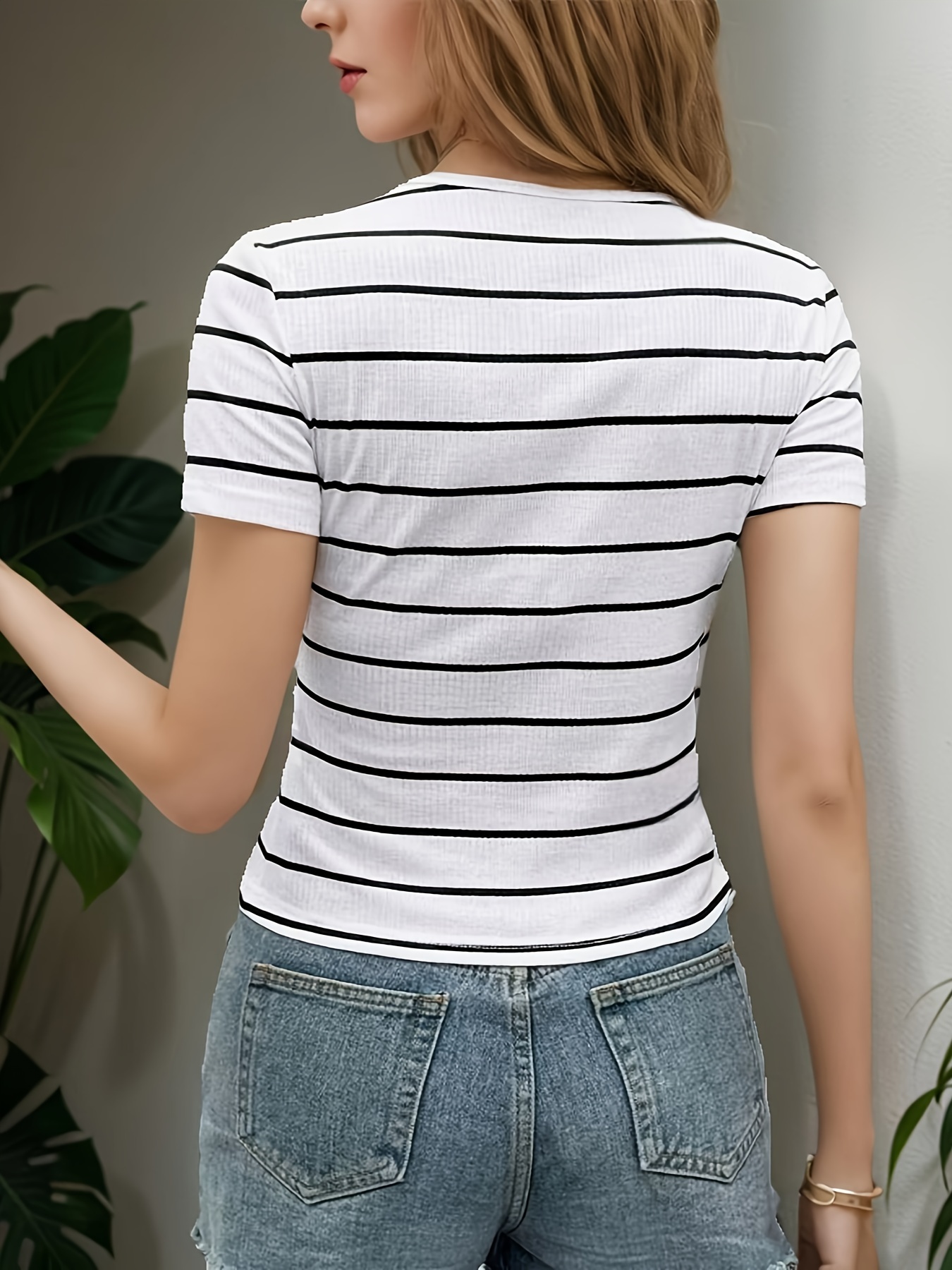 women's fit striped short sleeve t shirt black white - Temu