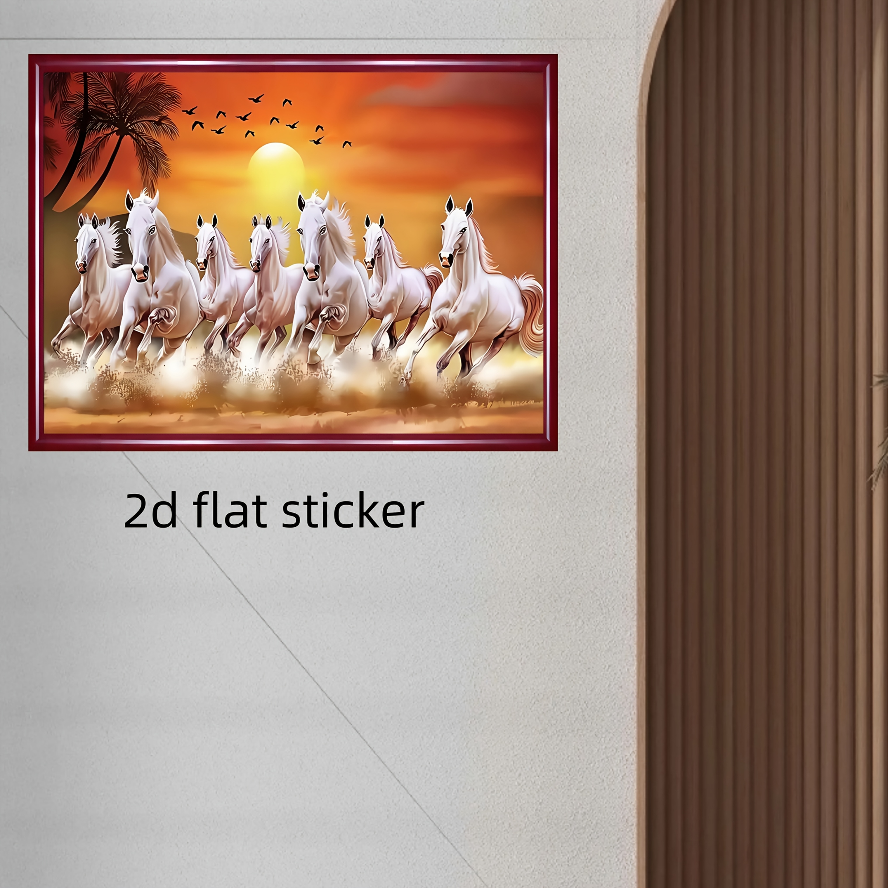new 2d seven lucky horses art wall sticker, suitable for living room, bedroom, and office decoration