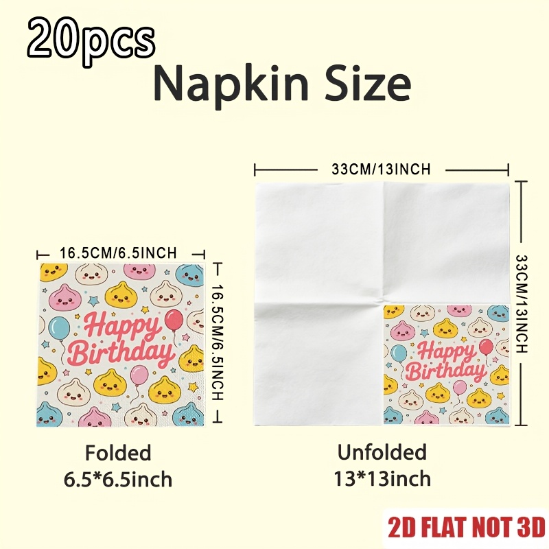 TEMU 2d Flat 20pcs, Adorable Kawaii Dumpling Happy Birthday , Guest Hand Towels Decorative Paper, Spring Summer Picnic, Wedding Birthday Garden Party