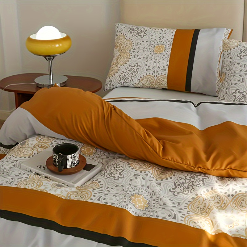 3pcs Gray Stripe Multicolor Printed Duvet Cover Set