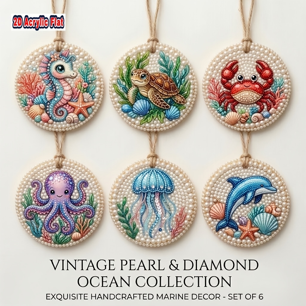 TEMU 2d Flat Ocean Theme 6pcs Diy Pearl And Diamond Painting Hanging Ornament Set- Includes Turtle, Crab, Dolphin, Octopus Patterns, Christmas Tree