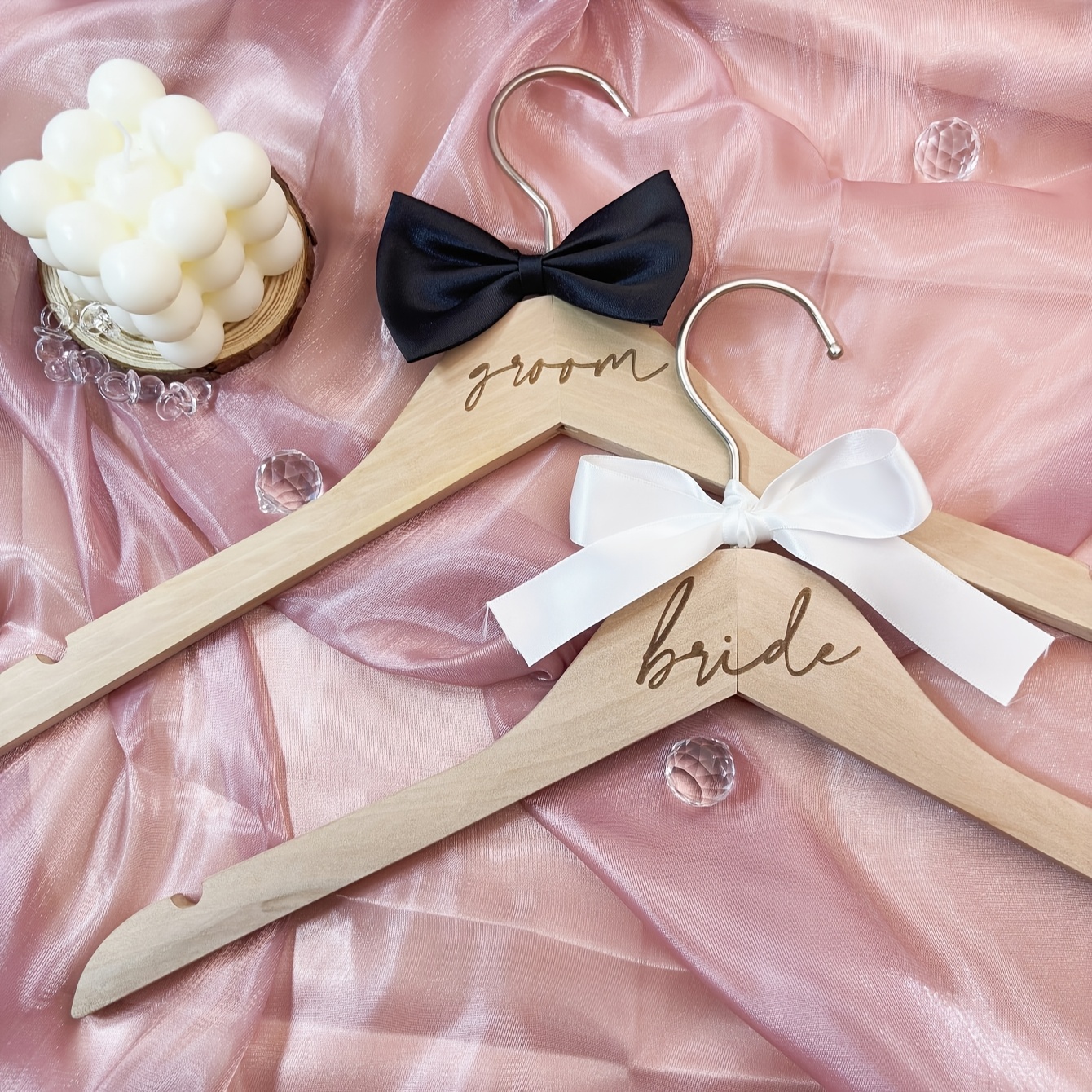 

2pcs/1set Wooden Wedding Clothes Hanger, Suit And Dress Hanger, Bridal And Groom Clothes Hanger With Ribbon, Very Suitable For Wedding Dresses And Suits, Wedding Accessories