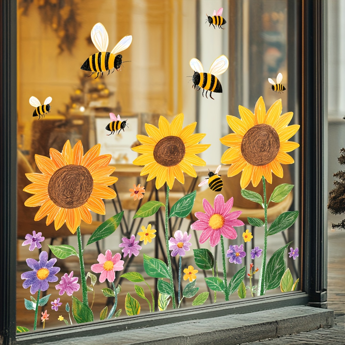 E-shop 1 Stück Bienen- und Sonnenblumen-Design, doppelseitige Glasfenstersticker - & Stick PVC-Aufkleber für Spiegelglasanzeige, Heimdekoration, Büro-