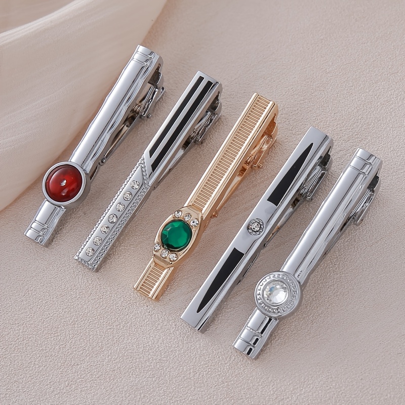 TEMU 5pcs Of Gemstone Tie Clips, With Diamonds, High-end Business Formal Tie Clip Set For Men, Metal Wedding Tie Clips, Unique Clips For Security