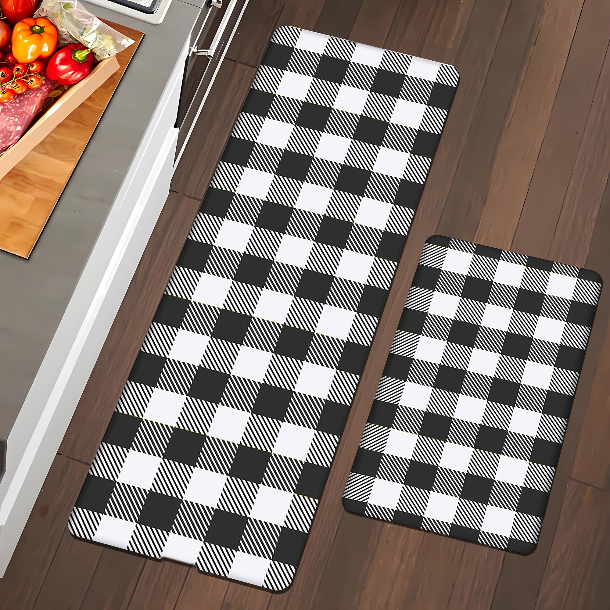 

Festive Black And White Checkered Kitchen Rug - Machine Washable, Non-slip, And Waterproof - Perfect For Kitchen, Corridor, Bathroom, Entryway, And More