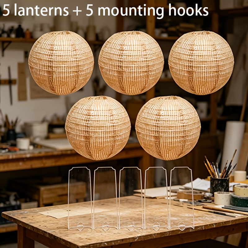 TEMU 10pcs Burlap Paper Lantern Set, Including 5pcs Lanterns And 5pcs Support Hooks, Farmhouse Style, With Burlap Texture, Decorative Paper Lanterns,