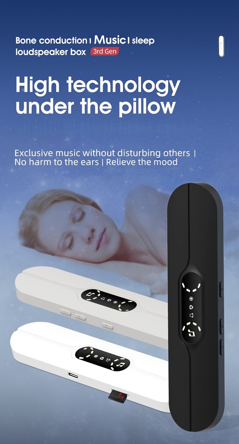 Bone Conduction Wireless Sleep Music Box - 3rd Gen High-Tech Under-the-Pillow Design, Exclusive Music Without Distractions, White Noise Reduction, Timed Shutdown, Supports Card Mode, Rechargeable Lithium Battery, Type-C Charging, Portable Audio Device for Relaxation, Sleep Aid, Sleek Cylindrical Design, Durable Construction