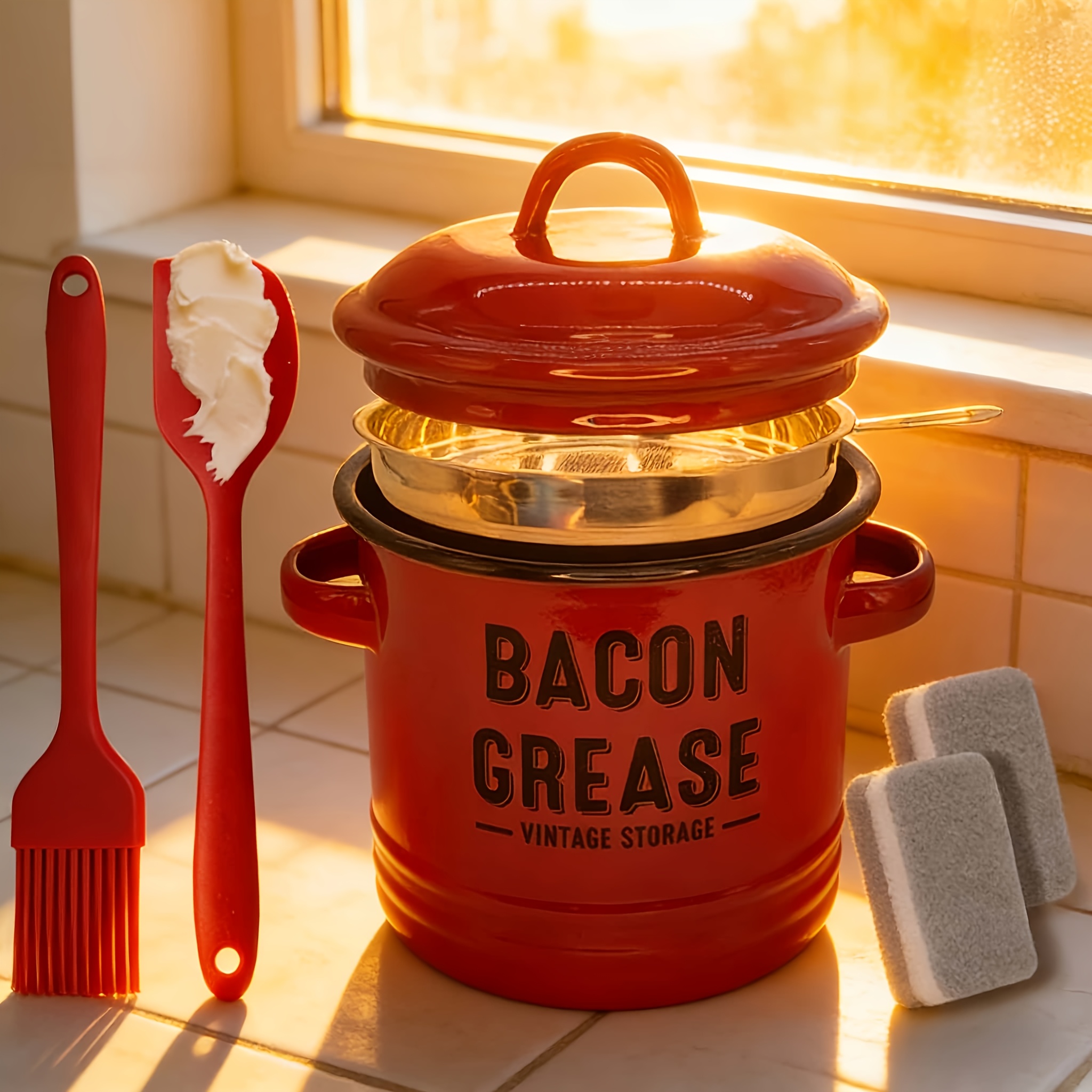 with a lid safe pouring handle kitchen accessory for cooking oil and storage   grease container christmas and halloween gifts no battery required
