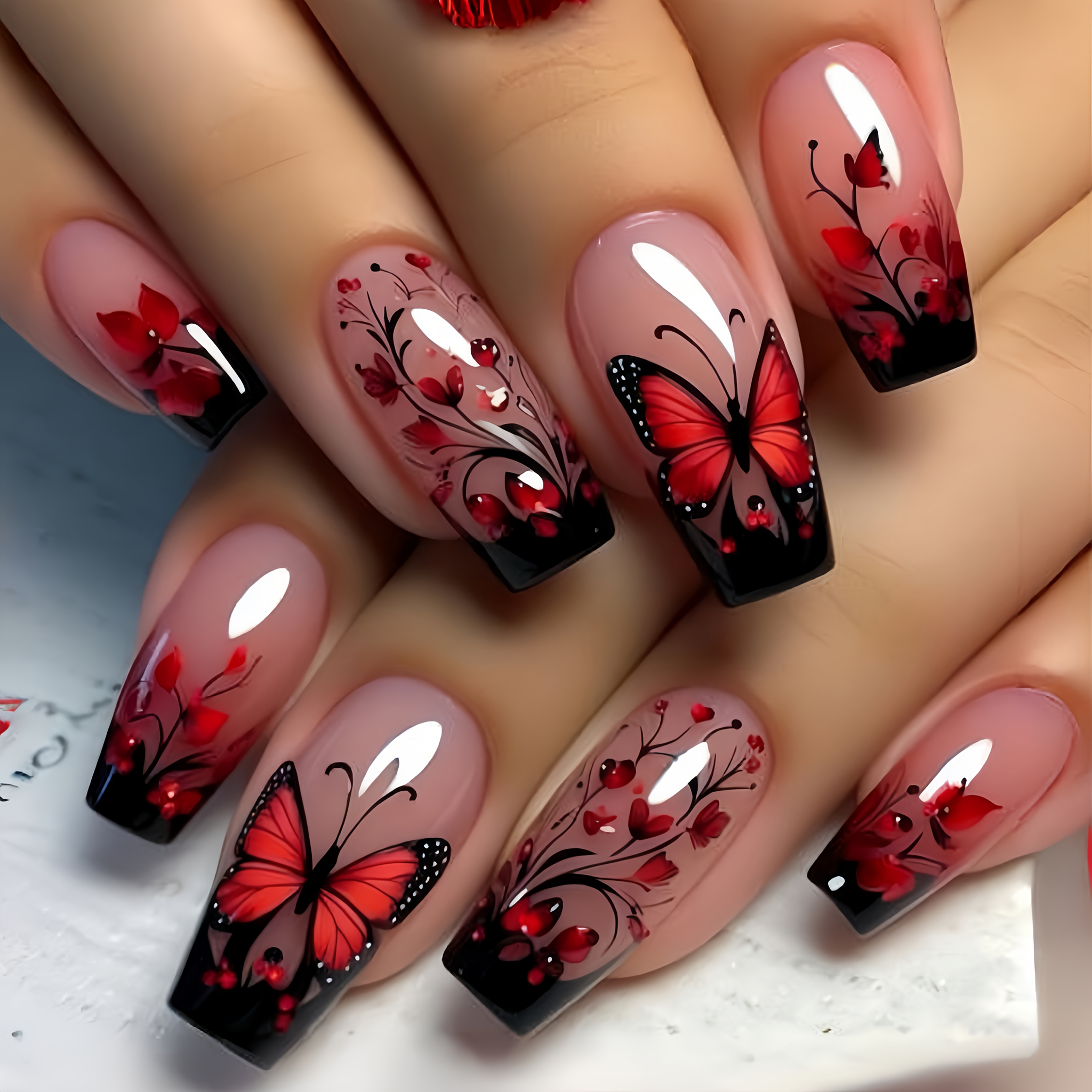 TEMU 24pcs Ballet Nail Stickers - Elegant Press-on Nails With Red (butterflies & Flowers), Glossy Finish - Longlasting Manicure Or Pedicure For Women