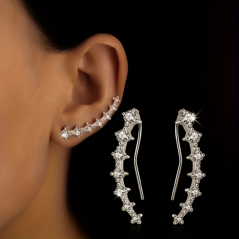 

Silvery Zircon Inlaid Stud Earrings Copper Silver Plated Hypoallergenic Ear Jewelry Elegant Luxury Style Earrings For Women