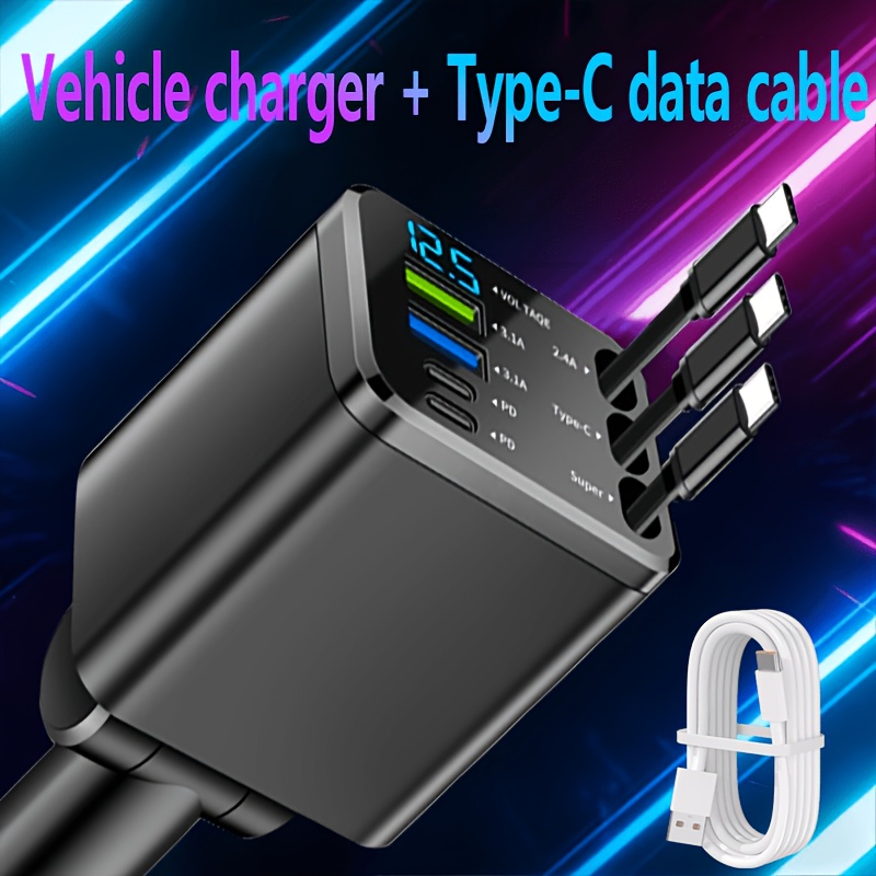 Retractable Car Charger, 7-in-1 Fast Charging Station With 2 Built-in Type-c Cables + Extra Type-c Cable, 13.8v Output, Led Voltage Display, Universal Vehicles