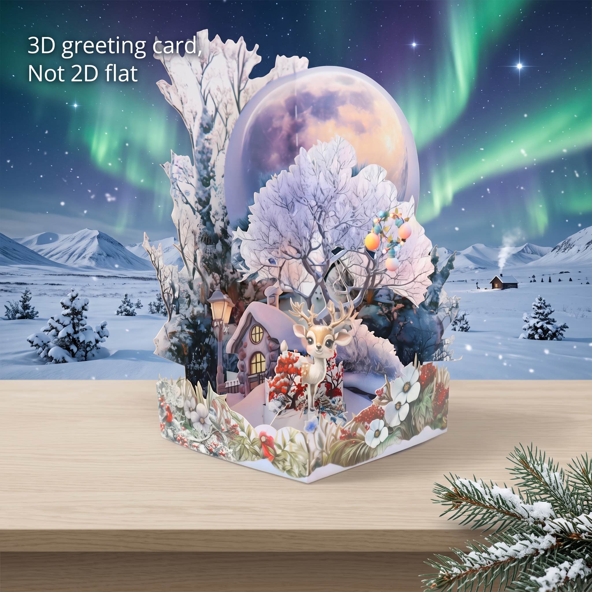 TEMU Magical 3d Pop-up Greeting Card With Envelope, Featuring A , Fawn, Snowy Cottage, Frosted Snowy Trees And Floral Scenery. Foldable Paper Art, A