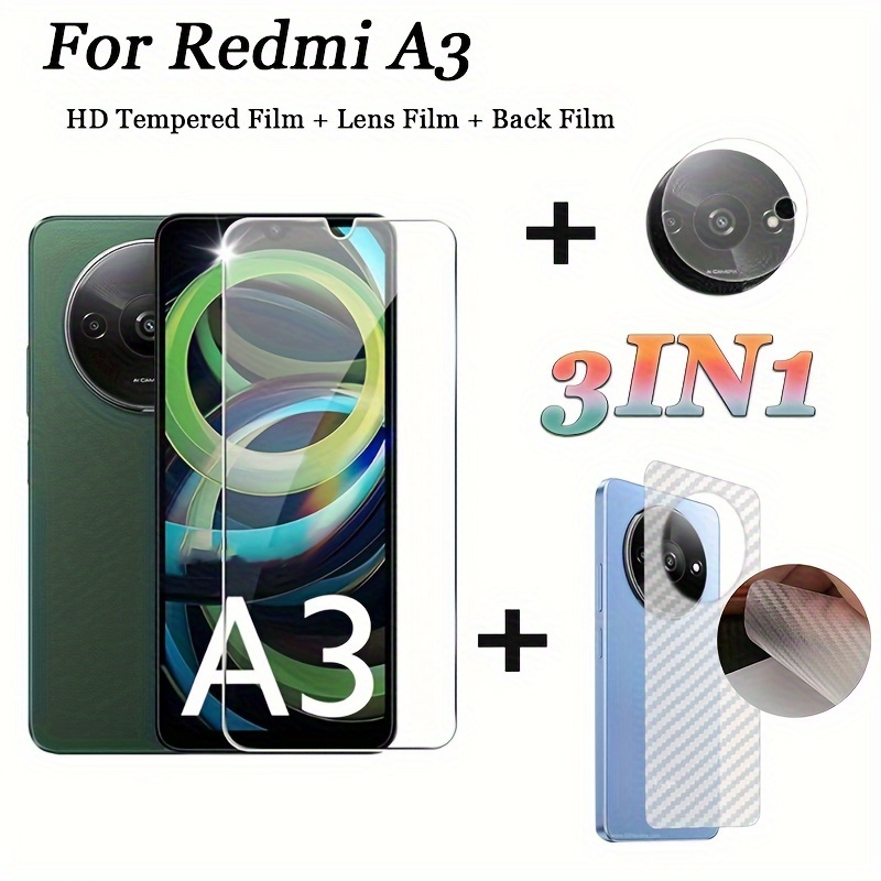 

full-coverage" Xiaomi Redmi A3 3-in-1 Screen Protector Bundle: Hd Tempered Glass, Camera Lens Guard & Carbon Fiber Back Film Kit With Cleaning Tools