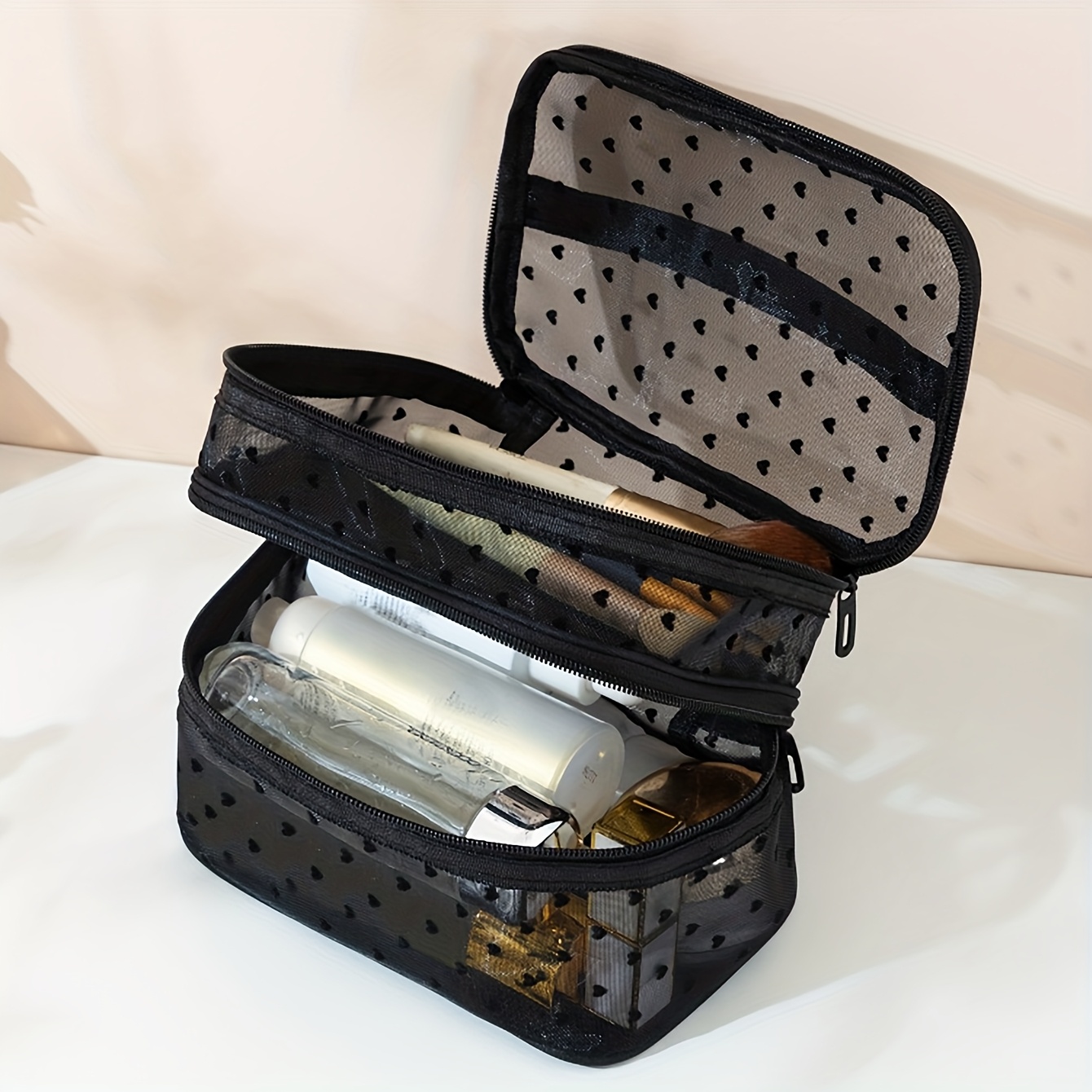 E-shop Kosmetiktasche, doppellagige Mesh-Aufbewahrung, Make-up-Tasche mit Herzmuster, großes Fassungsvermögen, atmungsaktive, tragbare Reisetasche für