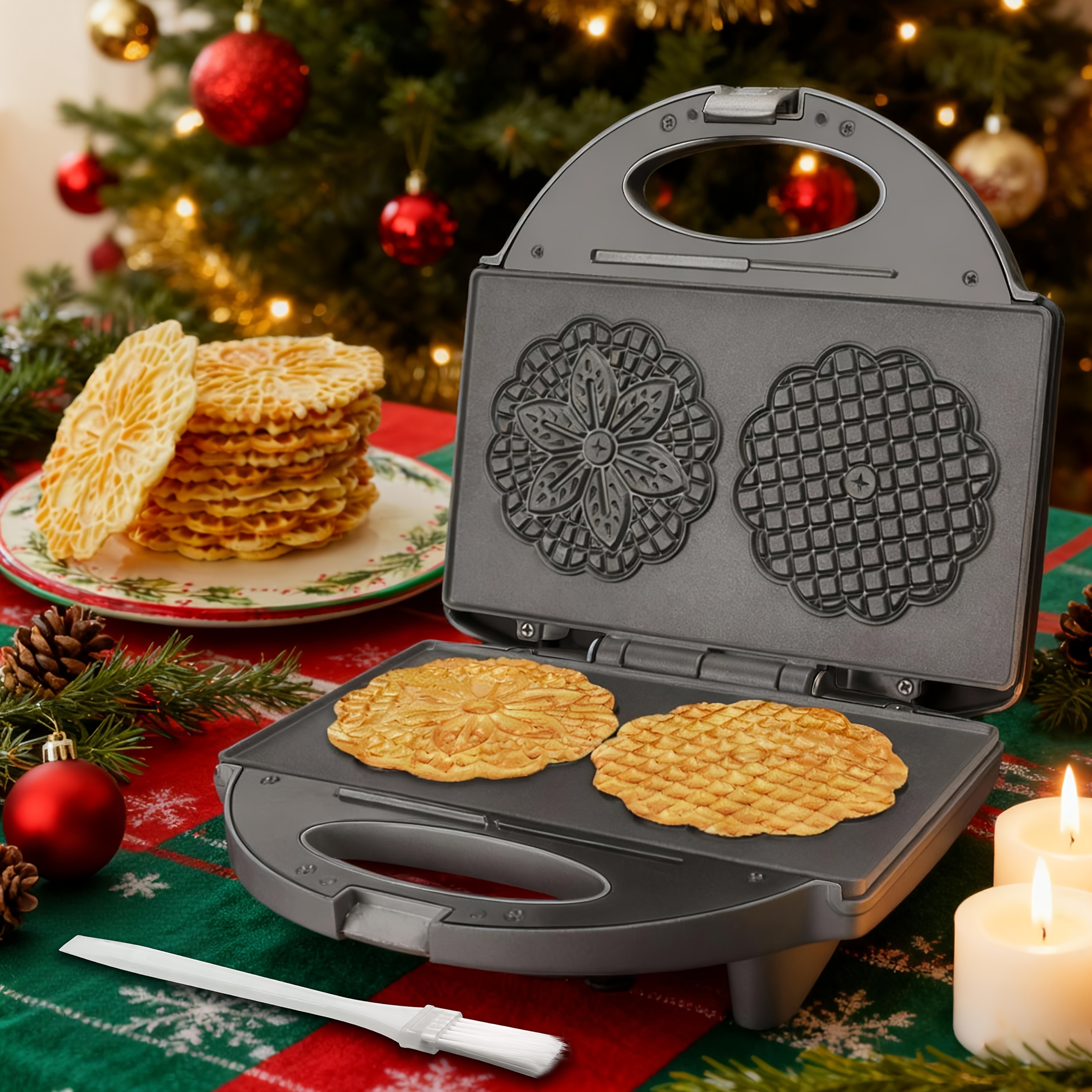 TEMU 4 Inch Traditional Italian Waffle Maker, Snowflake Pattern, Electric Cookie, Recipe Included