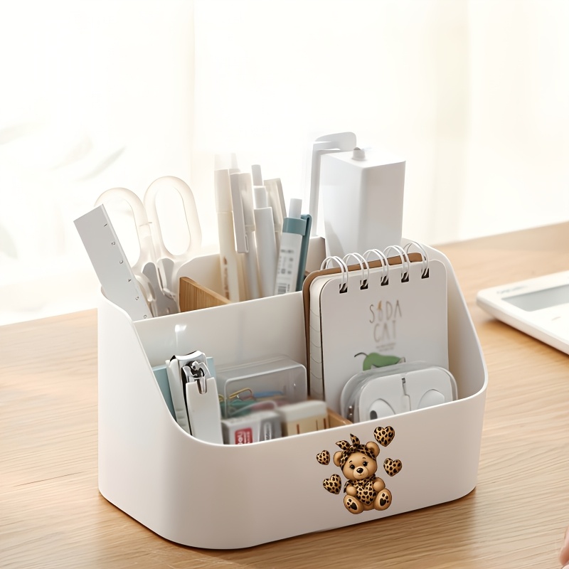 1pc cartoon printed desktop organizer leopard print scarf bear holding heart shaped bear bathroom storage tool large living room clutter box large capacity plastic storage box