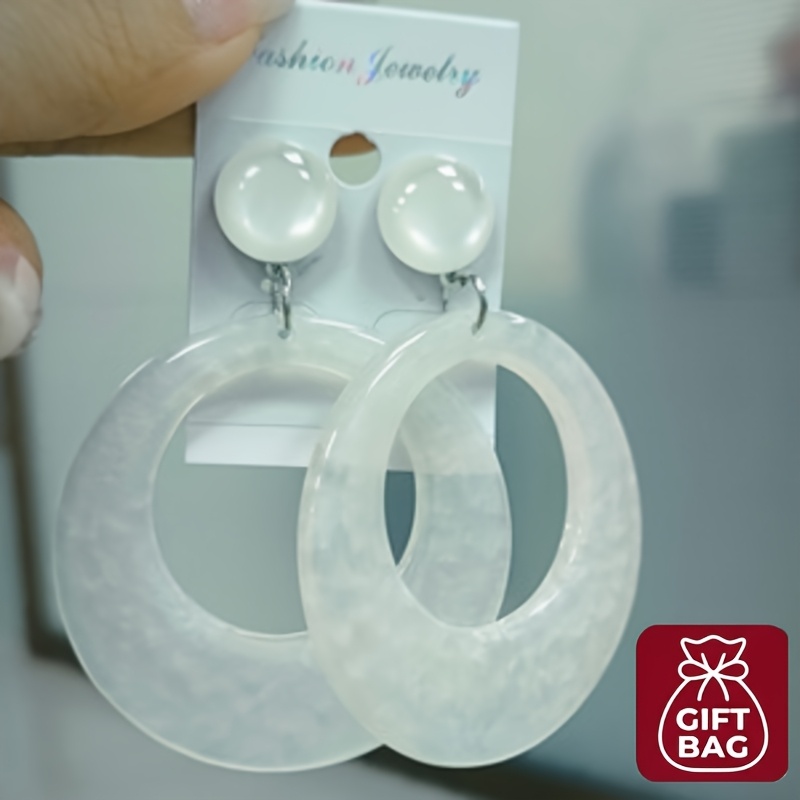 TEMU 1pair New Delicate And Elegant Oversized Circle White Acrylic Earrings(with Gift Bag)geometric Niche Design Women's Versatile Earrings Jewelry