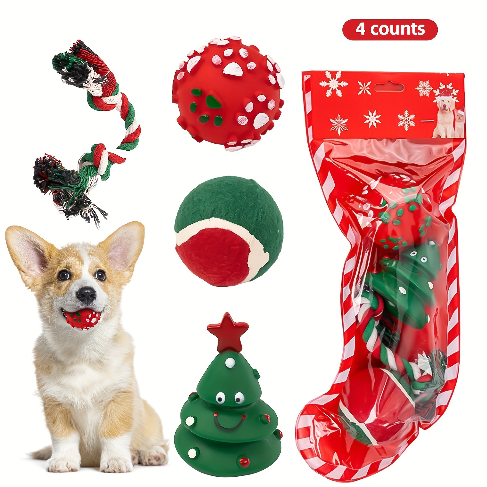 TEMU 4pcs Rucacio Christmas Dog Chew Toys Set, Pet Teething Toys, Pack , Balls & Stuffer, , , Toy