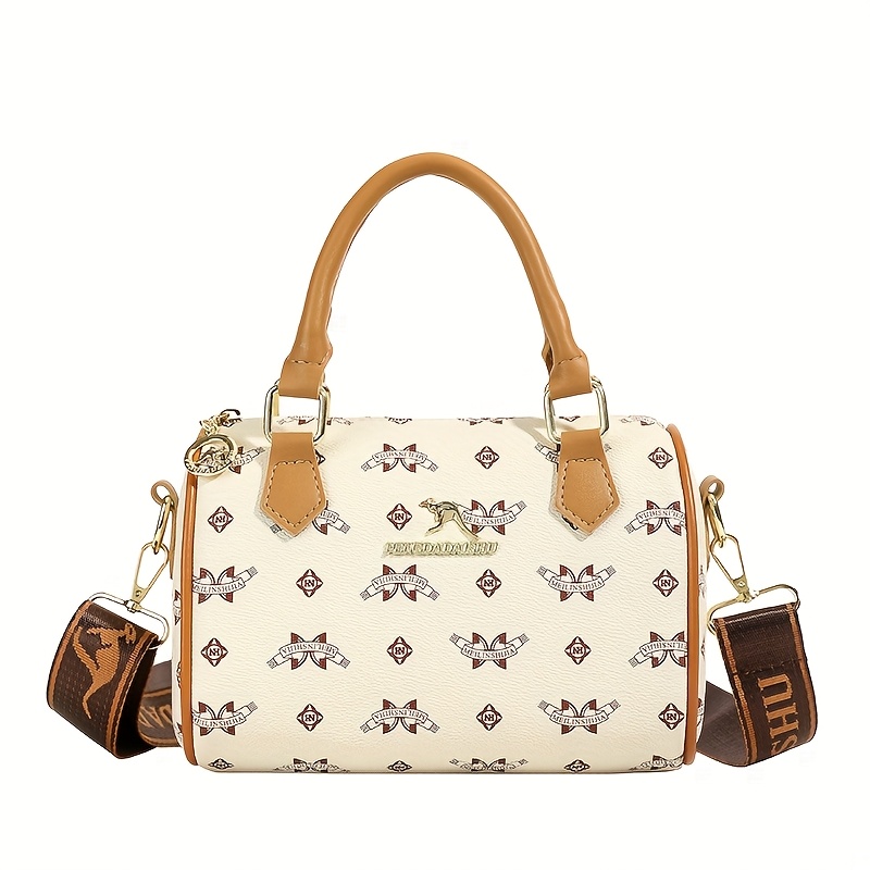 Vintage Geometric Boston Pillow Bag For Wo - Stylish Handbag With Adjustable Strap, Brown & White, Zip Closure, Elegant Retro Design