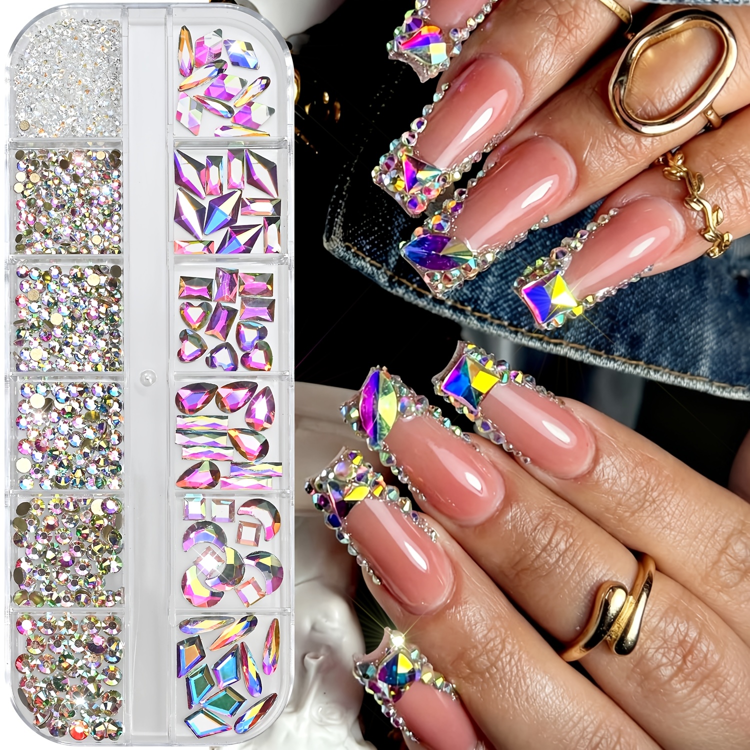 TEMU 480 piezas de 12 rejillas de diamantes de AB para uñas, cristales de vidrio de formas para uñas, piedras para decoración de uñas, juego de gemas