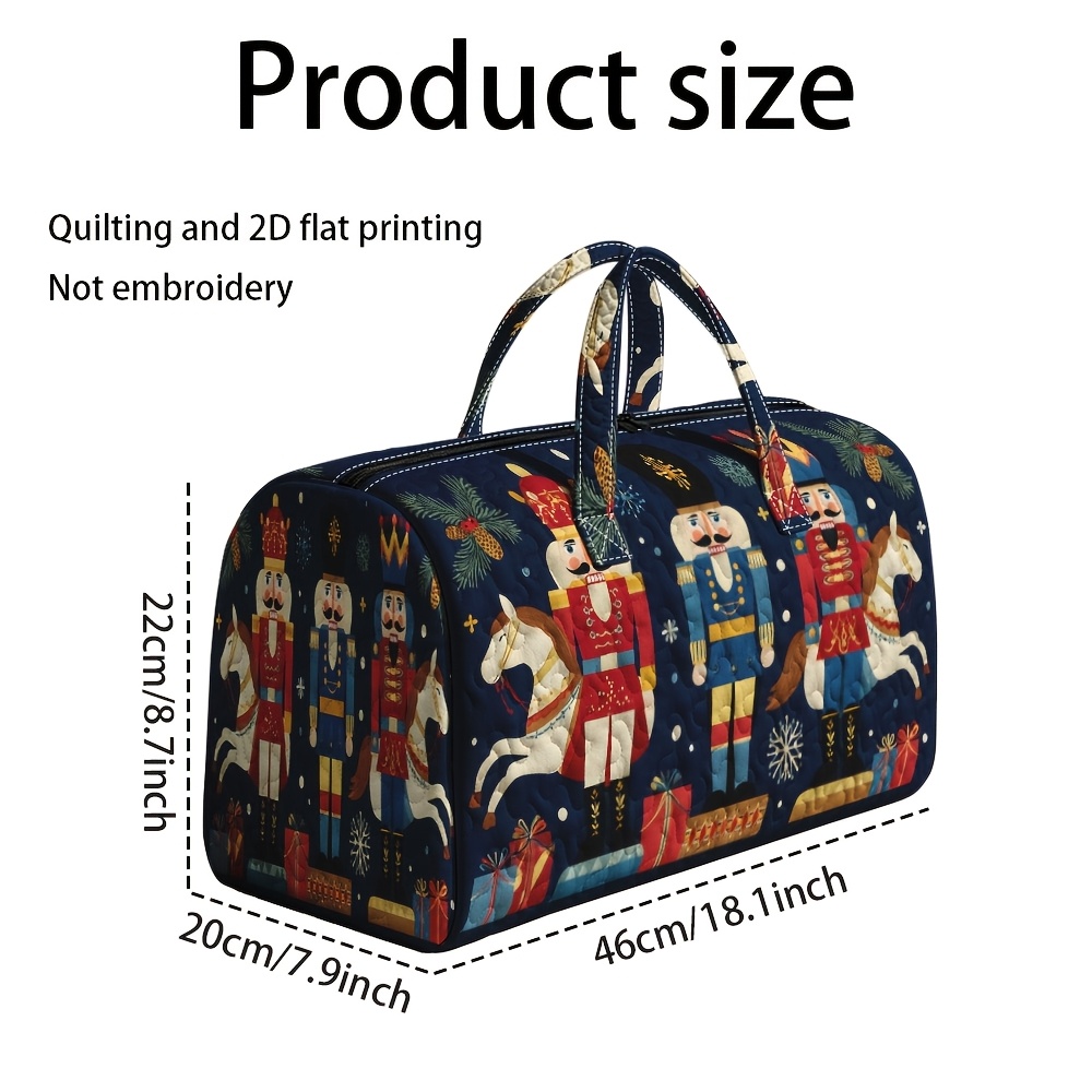 TEMU 1pc Ridesay Nutcracker Print Quilted Weekender Bag Suitable For Getaways, Large Capacity Tote With Nutcracker Soldier, Polyester Quilted Handbag