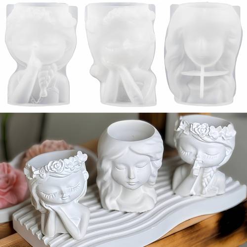 resin casting mold 3pcs girl shaped planter silicone mold clay molds plaster flowerpot candle holder molds concrete plant pot molds for making potted plants diy casting resin molds flowerpot molds handmade cement pen holder molds