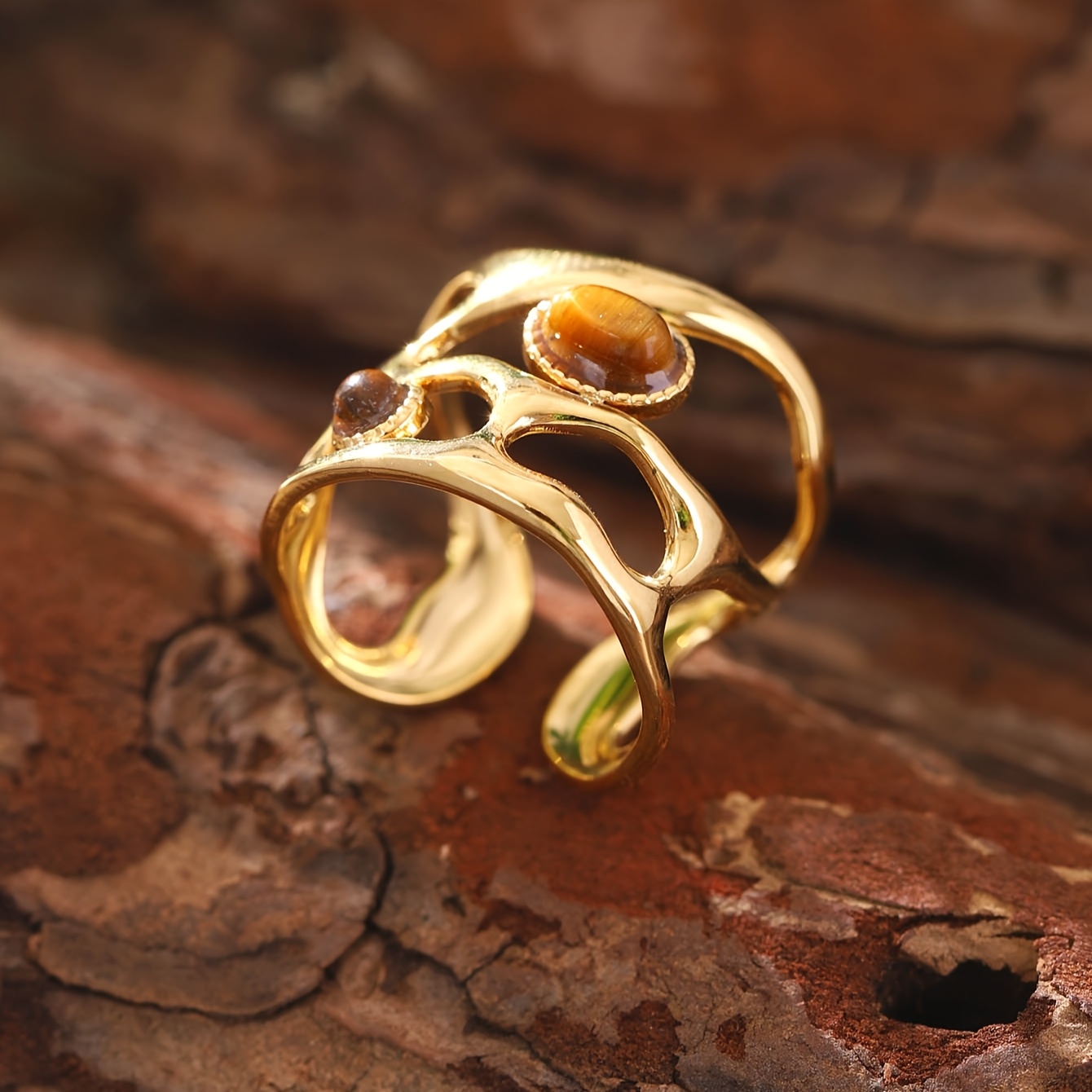 Vintage Stainless Steel Ring with Brown Stone Inlay