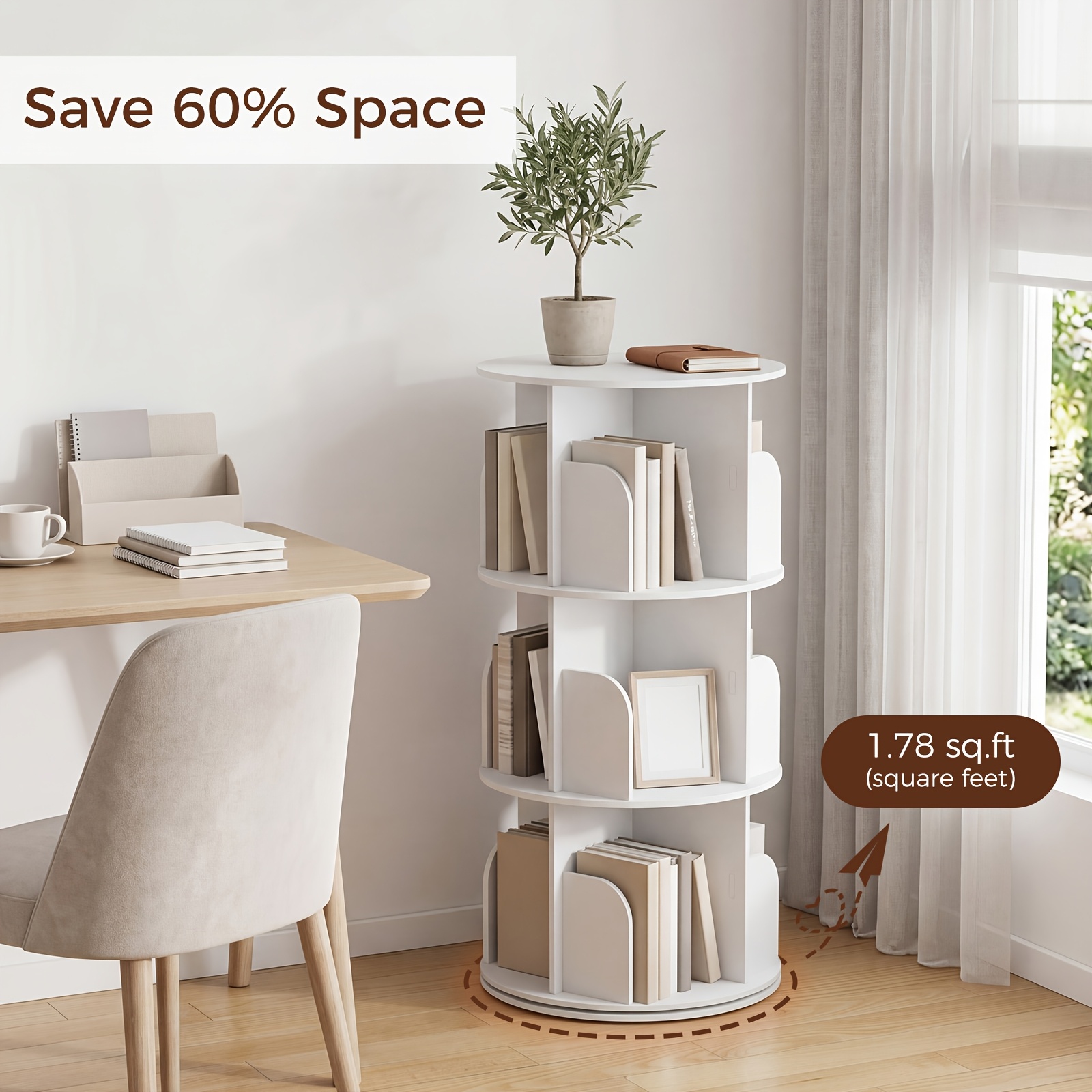 3/4/5 Tier Rotating Bookshelf, 360° Spinning Bookcase for Small Spaces, Vertical Corner Storage Organizer Display Rack for Bedroom Living Room, White