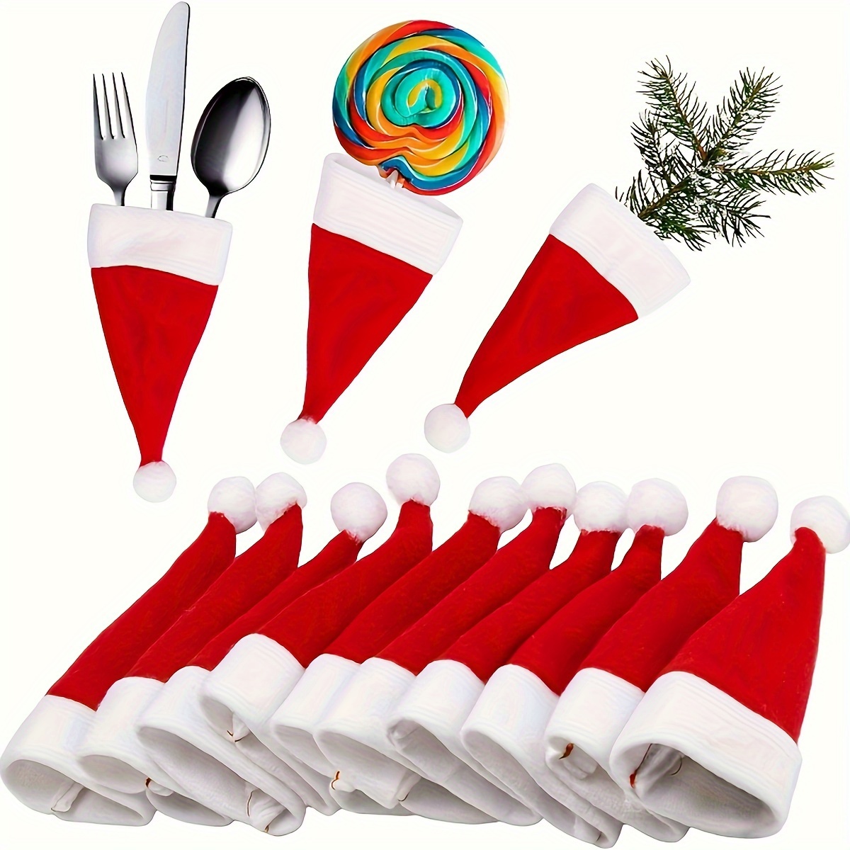 

Festive Christmas Utensil Covers - 10/20/30 Pieces - Red And White Santa Hats - Perfect For Holiday Parties And Family Gatherings - Made Of Durable Polyester - No Electricity Required