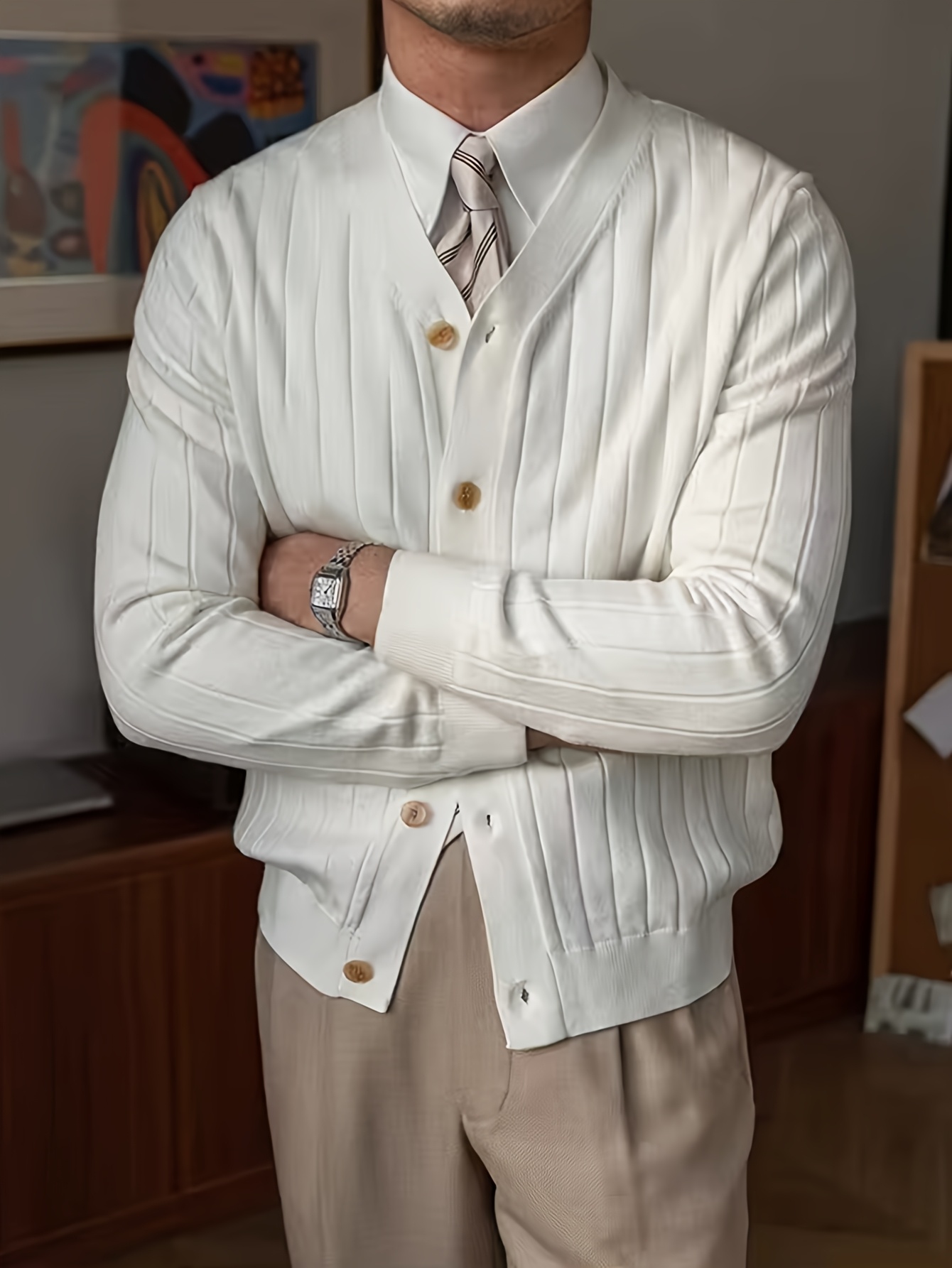 Men'S New Casual Daily Button-Up Style Fashion Men'S Solid Striped Cardigan Long Sleeve Top Sweater, Knit