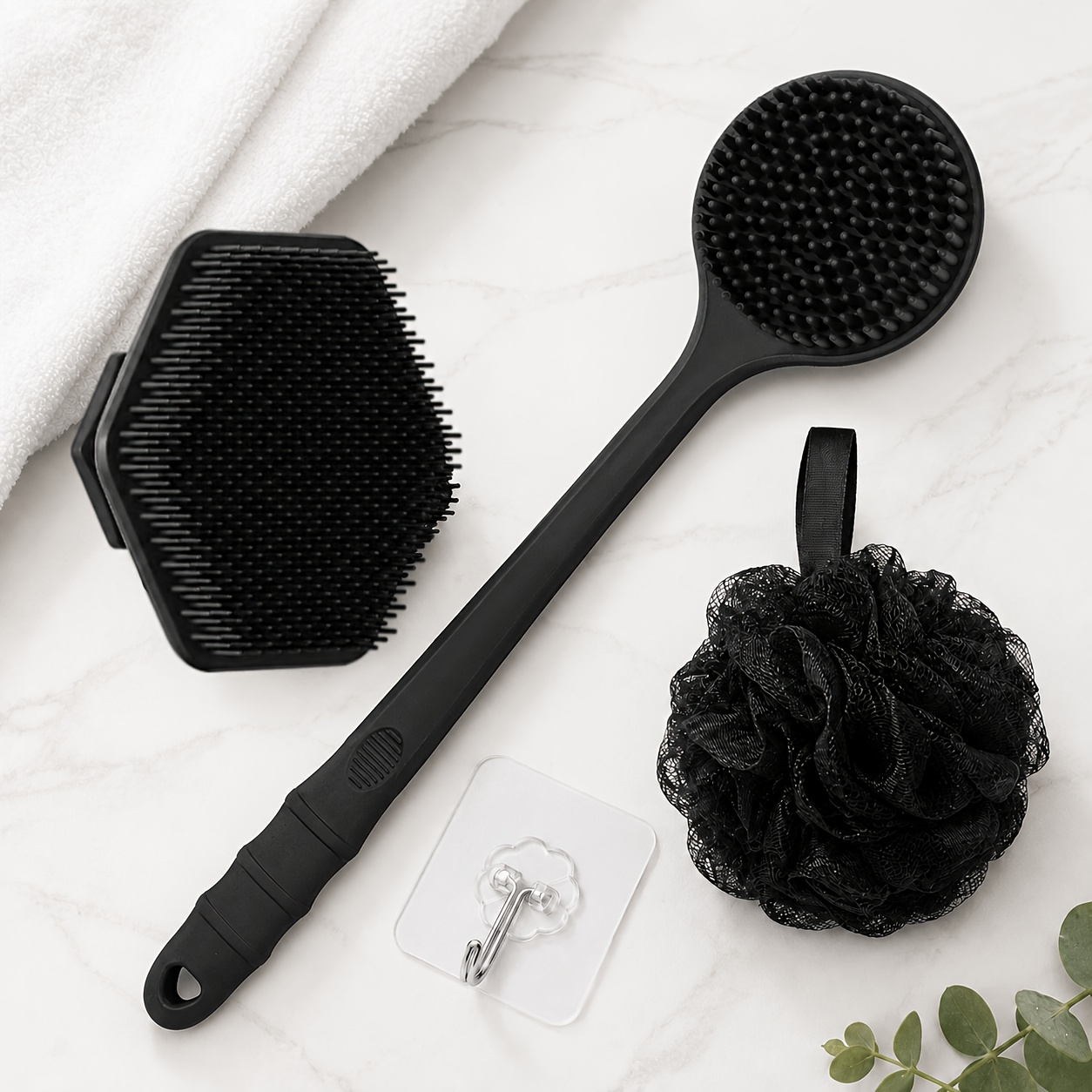 TEMU Ensemble Noir Facile 4 pièces [Ensemble Combiné de Soin de Douche] Brosse de Bain à Long Manche Brosse à Cheveux Carrée Boule de Bain et Crochet